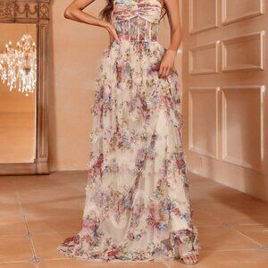 Apricot Elegant Women's Ruched Floral Tube Evening Dress